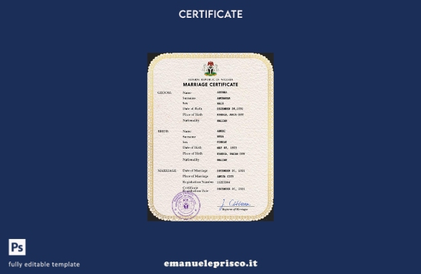 Modello PSD del certificato di matrimonio della Nigeria in stile verificato